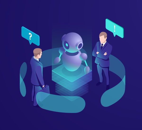 Artificial intelligence ai robot gives recommendation, human get automated response from chatbot, business consulting system, isometric vector neon dark